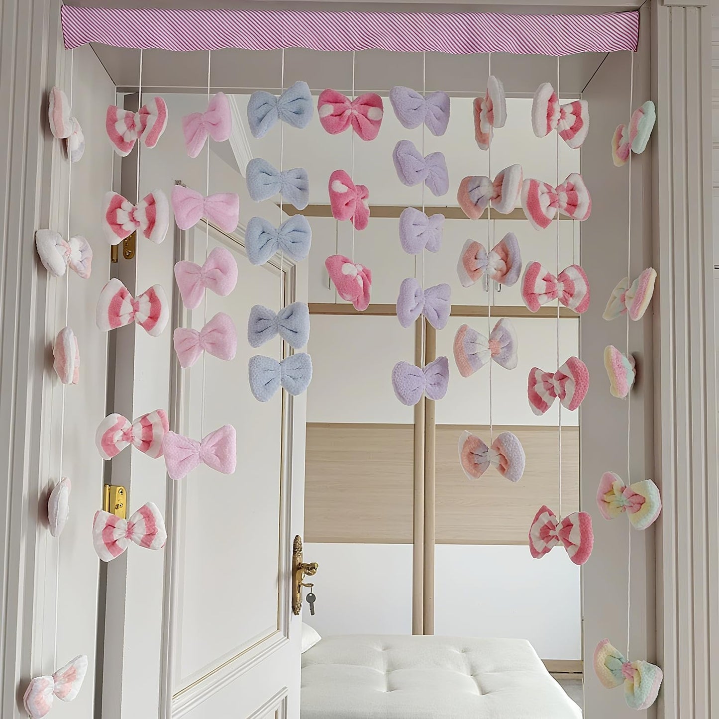Kynthyre Cute Plush Curtain for Door Window Wall 33" W x 38" L Self-Adhesive Bow Kawaii Curtain for Living Room and Bedroom Decor