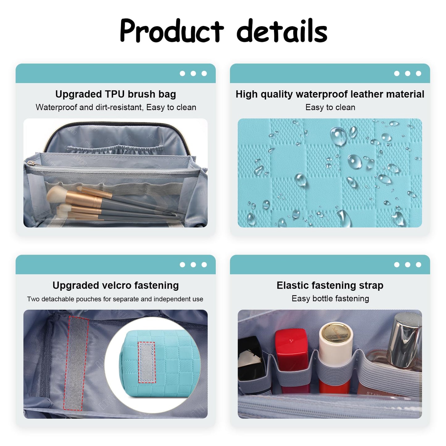BOYATU Checkered Travel Makeup Bags: Vacation-Ready Light Blue Large Capacity Cosmetic Bag for Women - 3 Pcs Set Toiletry Organizer with Waterproof Leather - Easy to Clean Beach Trip Essential