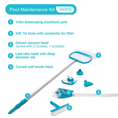 Intex 28003E Deluxe Above Ground Pool Maintenance Kit for Minimum 800 GPH Flow Rates with Vacuum, 110" Pole, Wall Brush and 24' Hose (Color May Vary)