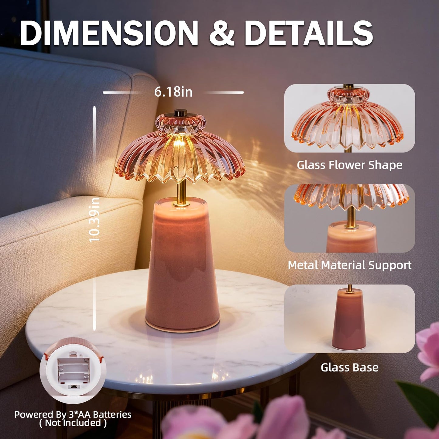 MJ PREMIER Cordless Lamp, Battery Operated Lamp with Timer, Crystal Glass Flower Lampshade, Small Table Lamps, Decorative Led Light for Bedroom Living Room Shelf (L-Pink)
