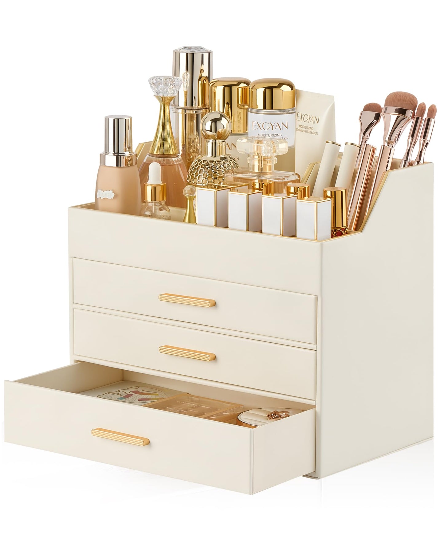 Lolalet Makeup Organizer for Vanity Desk, 4-Layer PU Leather Luxury Make Up Storage Cosmetics Holder Box with Drawers -Beige