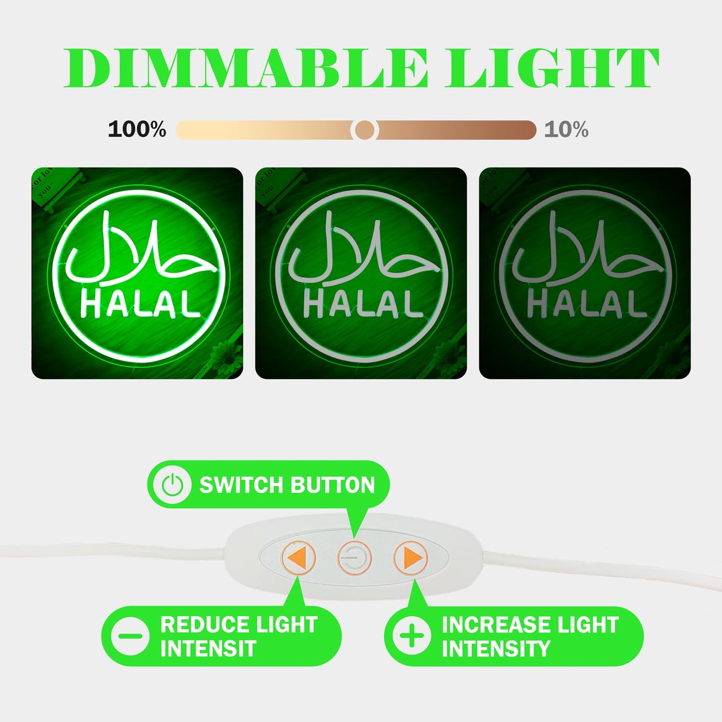 Halal Neon Signs for Wall Decor Dimmable Led Green Restaurant Neon Light Signs for Beef Chicken Candy Snack,Halal Hanging Door Sign Light