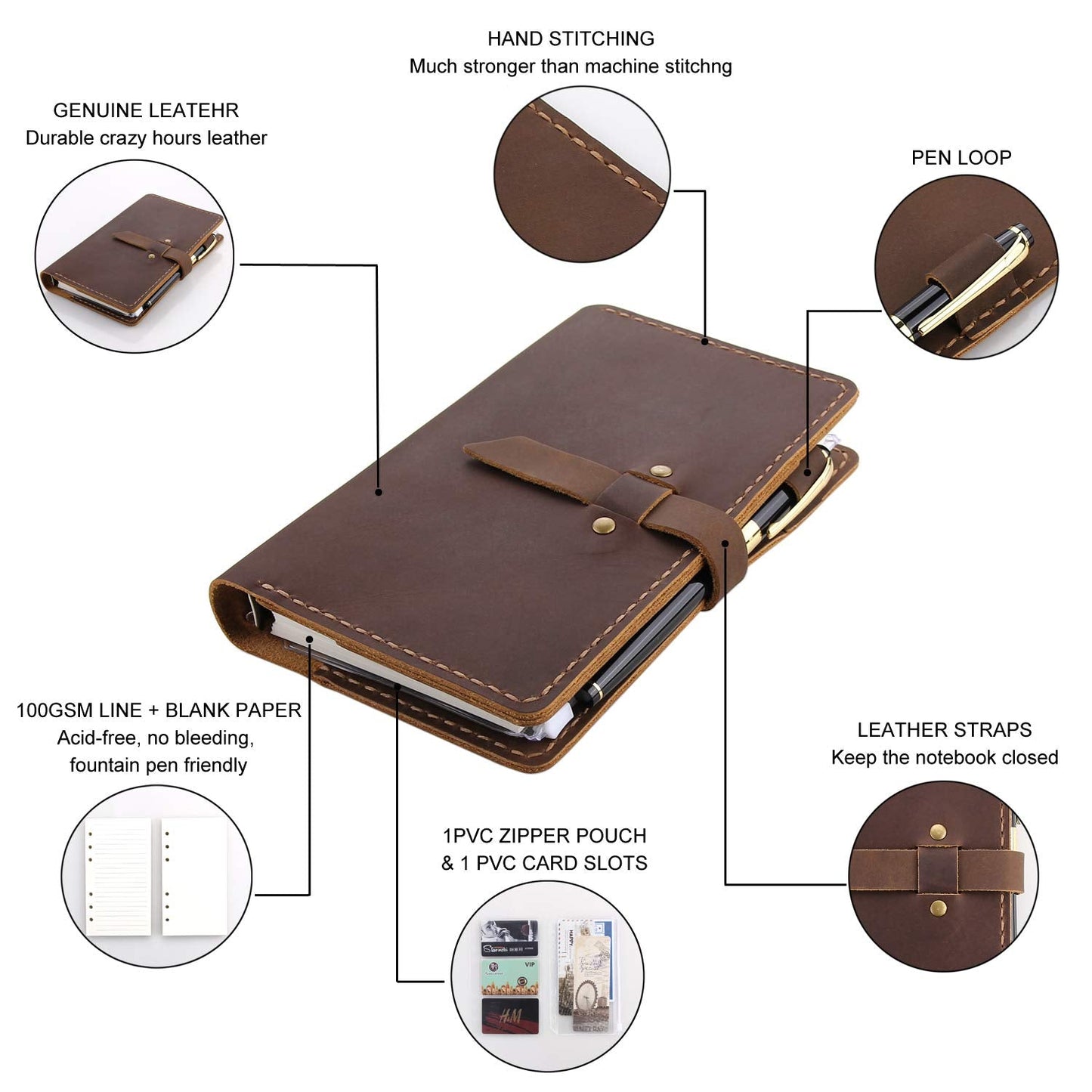 Genuine Leather Journal Writing Notebook, A6 Ring Binder Refillable Diary Notepads, Vintage Handmade Travel Organizer Agenda for Men Women - Brown