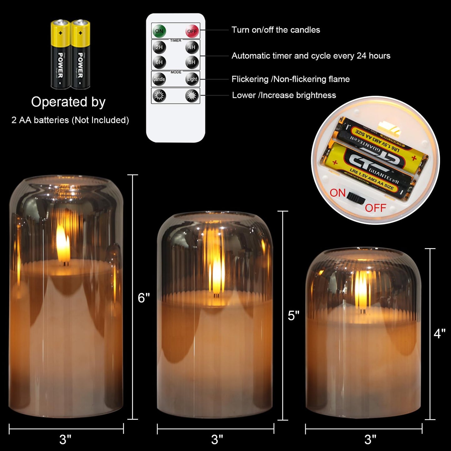 KunSwenn Glass Flameless Candles, Striped Glass Flameless Candles with Remote, Set of 3 Battery Operated Candles with Flickering 3D Wick, LED Pillar Candle for Home Halloween Decor(Grey, D3”xH4”5”6”)