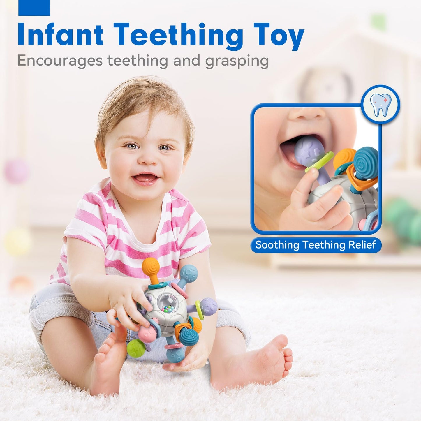 Baby Sensory Teething Toys Set, Montessori Baby Toys 6-12 Months, Incl Newborn Rattle Teether & Baby Blocks & Soft Stacking Rings, Ideal Babies Boy Girl Gifts, Infant Toys 0-3-6-9-12-18 Month