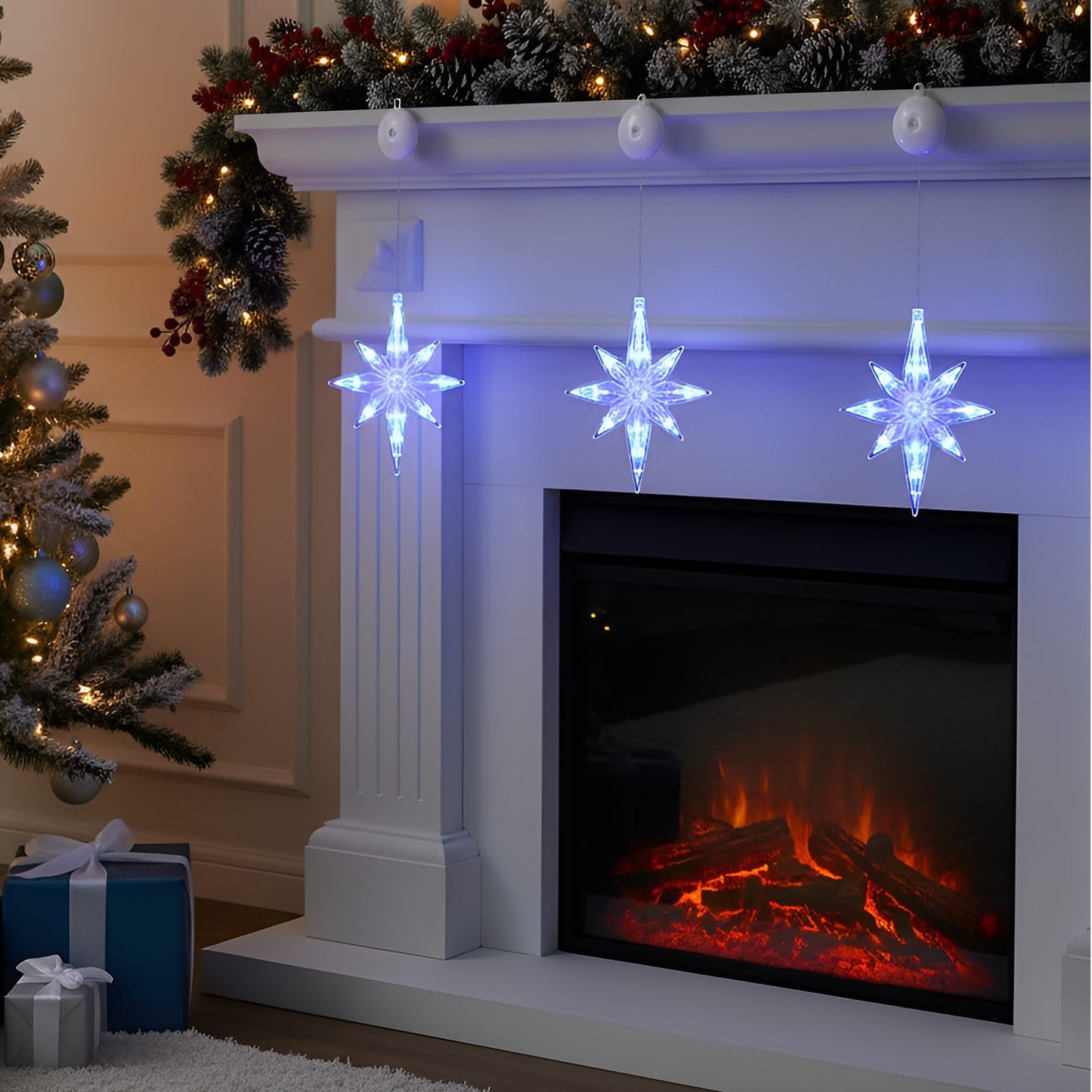 VIHOSE 3 Pcs 10.6 Inch Bethlehem Christmas Window Lights Plastic LED Lighted Christmas Window Silhouette Lights Large Hanging Xmas Tree Ornaments (Blue)