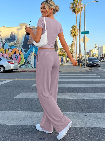 Trendy Queen Summer Lounge Set - Women's 2-Piece Matching Outfit with Side Ruching Top & Wide Leg Pants | Pockets Included