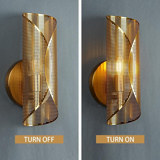 21.6 Inch Curved Perforated Wall Sconce, Hand-Made Aged Brass Metal Wall Mounted Light Beside Mirror, Luxury Wall Light for Bedroom, Elegant Light Fixture for Indoor