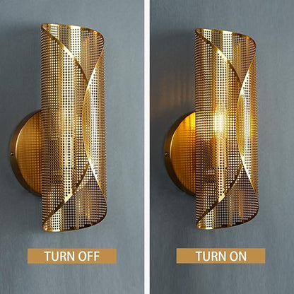 21.6 Inch Curved Perforated Wall Sconce, Hand-Made Aged Brass Metal Wall Mounted Light Beside Mirror, Luxury Wall Light for Bedroom, Elegant Light Fixture for Indoor