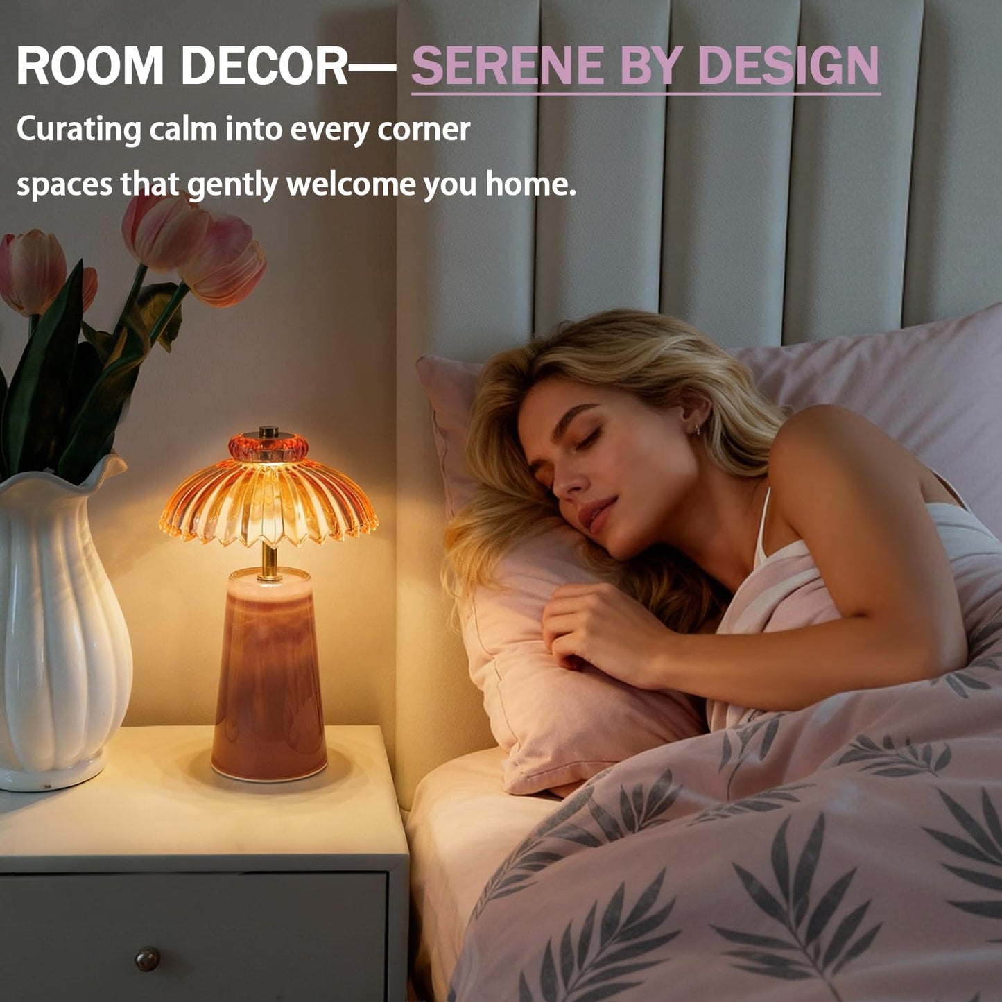 MJ PREMIER Cordless Lamp, Battery Operated Lamp with Timer, Crystal Glass Flower Lampshade, Small Table Lamps, Decorative Led Light for Bedroom Living Room Shelf (L-Pink)