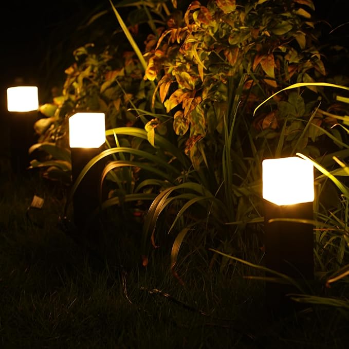 GOODSMANN 8PK Bollard Landscape Lighting Kit 2W LED Low Voltage Square Pathway Lights 100 Lumen 2700K Warm White Outdoor Hardwired Walkway Lights Brown Finish Path Lights with Connectors Metal Stakes