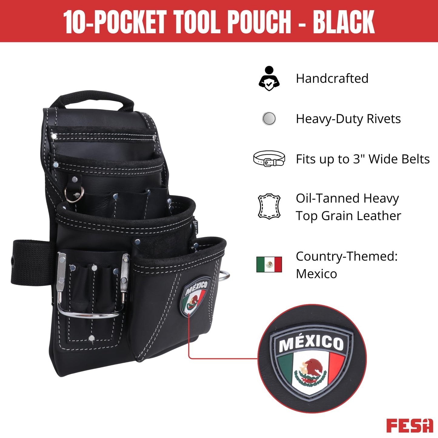 FESA Leather Carpenter Tool Pouch - 10-Pocket Heavy Top Grain Leather Carpenter Pouch with 2 Hammer Loops, Large & Small Pockets - Fits Work Belts up to 3" - Handcrafted (Black, Mexico)