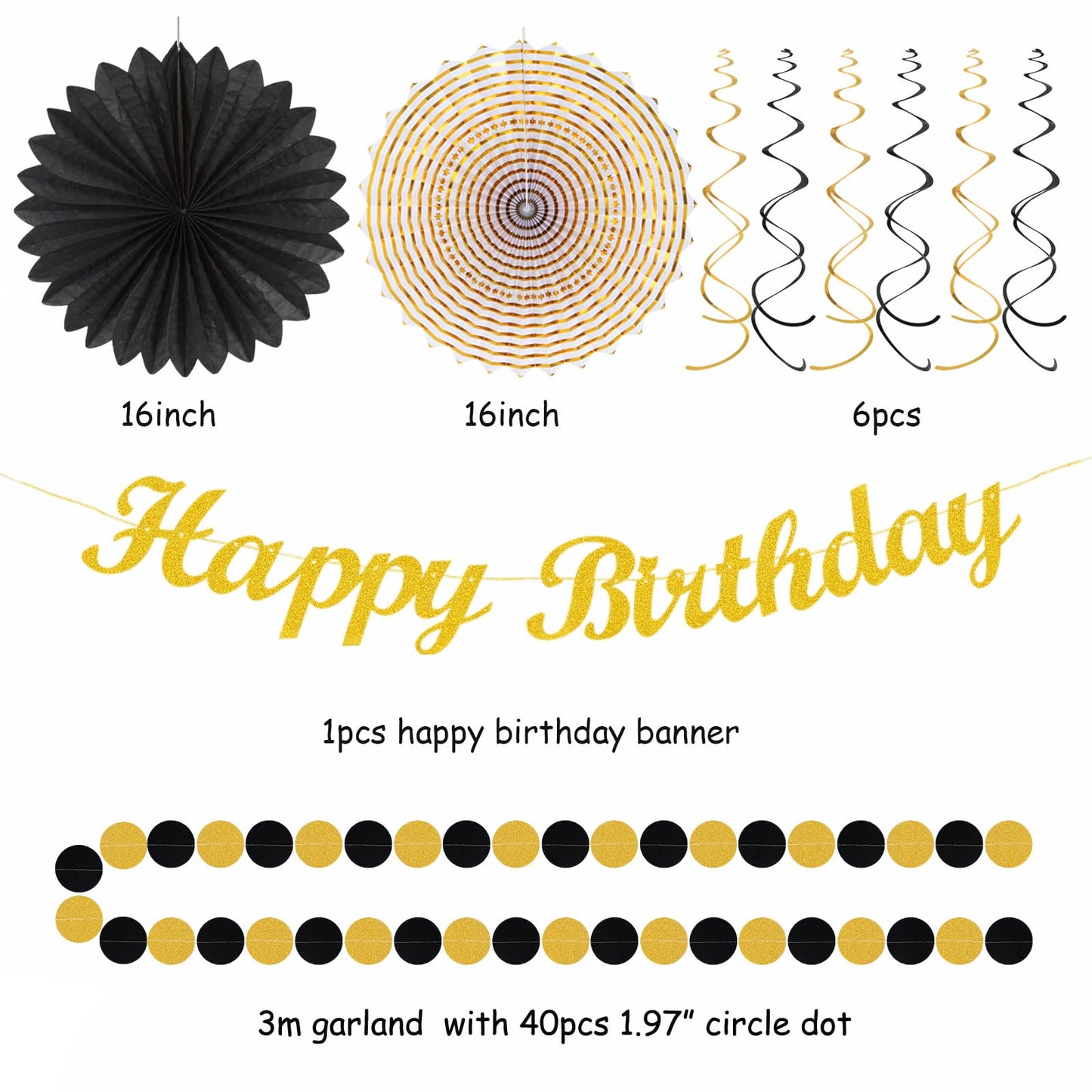 Black Gold Women-Men Birthday Party-decorations - 21pcs Happy Banner,Paper Streamers Lanterns Honeycomb,Tissue Pom Poms Fan,Classroom Birthday Supplies Decor Huglony