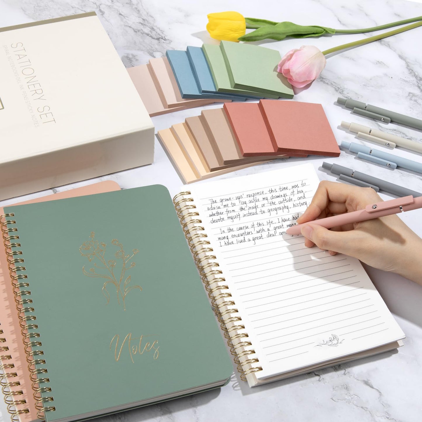 ALKALO Cute Spiral Notebook Set For Women, Bible Journal Set, 3 Pack A5 Spiral Notebook + 5 PCS Gel Pens + 600 Sticky Notes + Gift Box, Aesthetic Gift Set for Work Students School Office Supplies