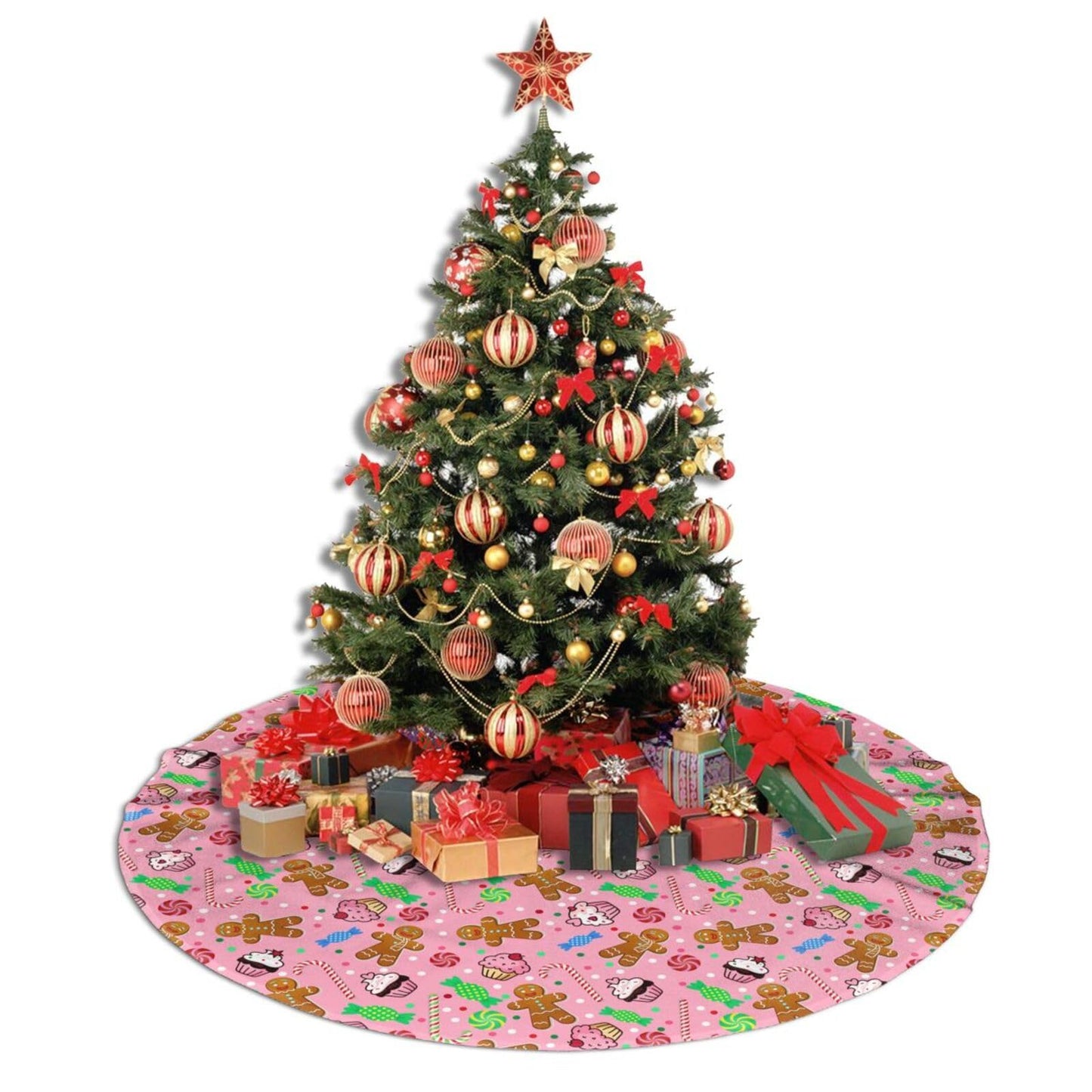 Cute Pink Christmas Gingerbread Man Candy Tree Skirt 48 Inches Santa Tree Skirts Xmas Mat Farmhouse Holiday Party New Year Supplies Ornaments Decorations for Indoor Outdoor Mini Small Pencil Big Trees