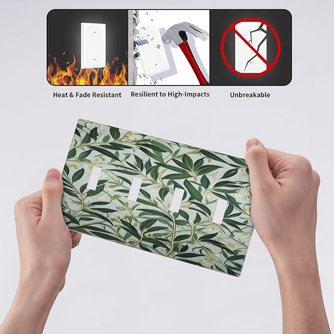 Sage Eucalyptus Leaves Foliage Light Switch Covers Quad Toggle 4 Gang Wall Plate Decorative Switchplate Electrical Faceplate for Farmhouse Bathroom Living Decor