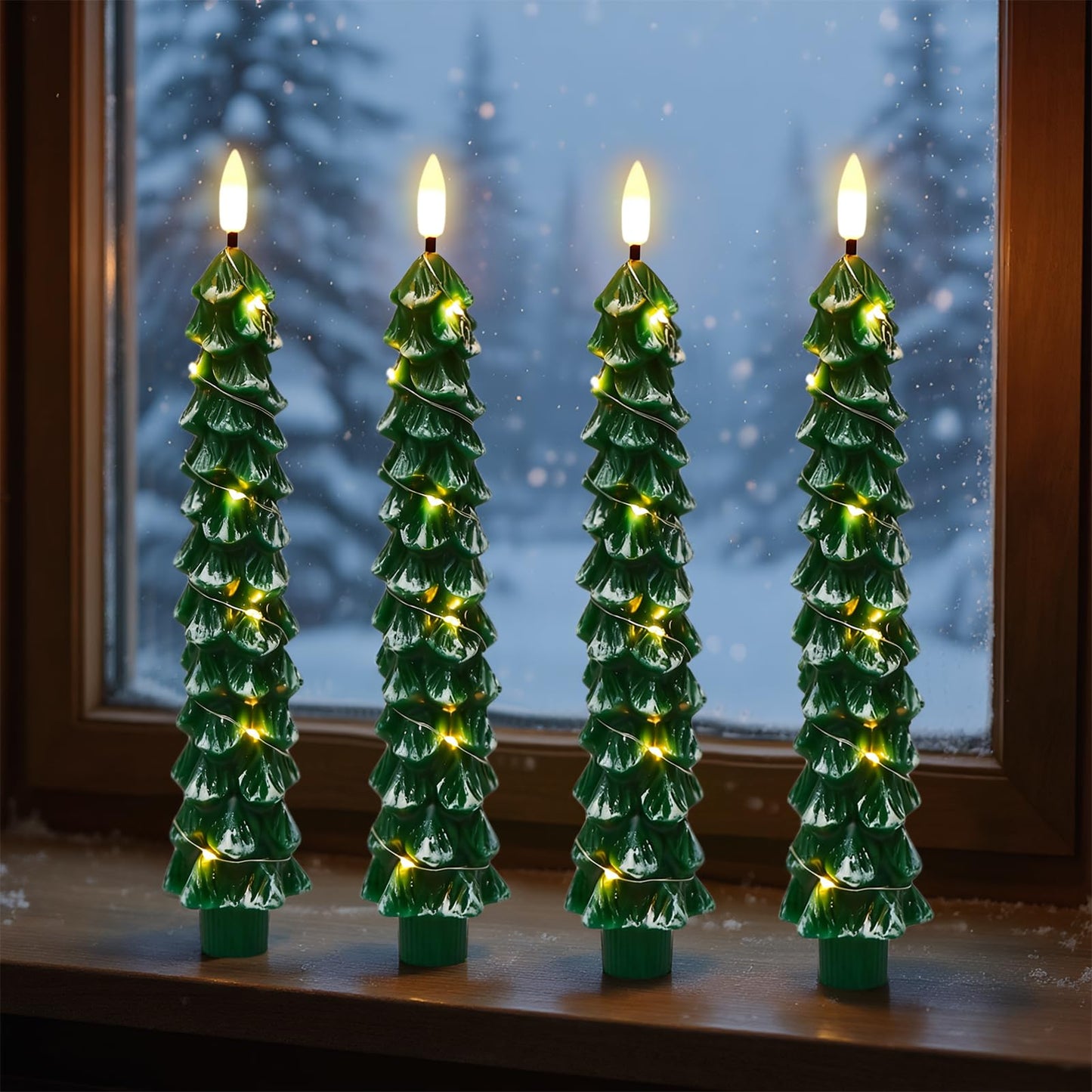 KunSwenn Christmas Tree Candles with Remote, Snowy Waxy Christmas Tree Flameless Taper Candles Battery Operated with String Lights, Set of 4 LED Tree Candlesticks for Xmas Winter Décor