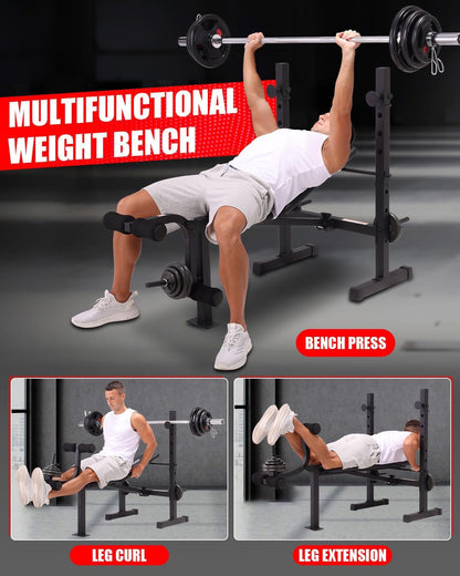 OPPSDECOR Standard Weight Bench Set with Squat Rack, 600LBS Adjustable Bench Press Set with Leg Extension and Leg Curl, Foldable Flat Incline Decline Workout Bench for Home Gym Full Body Training (Black)