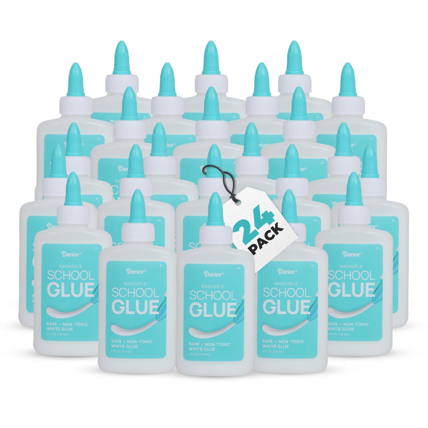 Darice Washable School Glue 4oz - 24-Pack White Liquid Glues for Kids - Extra-Strong for Slime, Arts and Crafts, Back to School Supplies - Glue Bottle with Adjustable Twist Closure