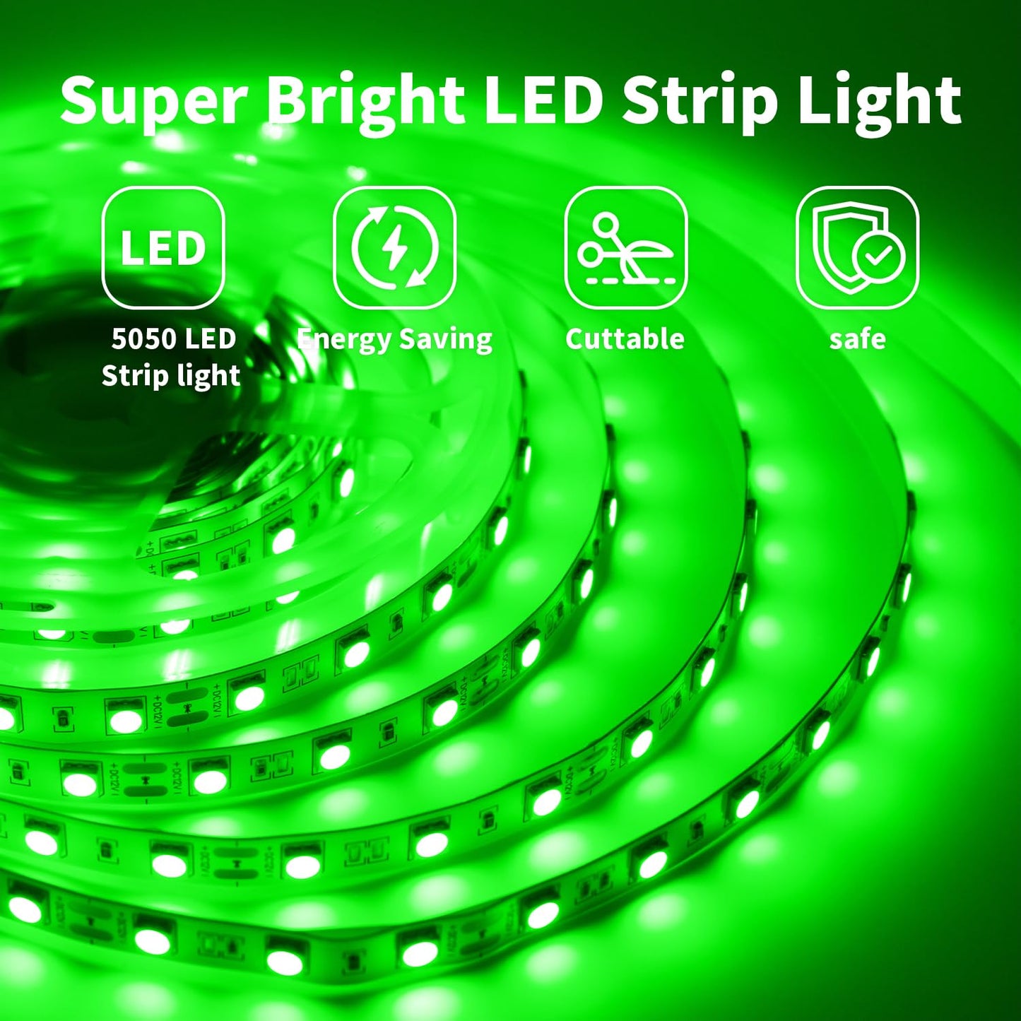 iNextStation 12V LED Strip Light Green, 16.4ft/5M SMD5050 LED Strip with Adapter & LED Switch, Flexible Cuttable LED Tape Light for Bedroom Kitchen Cabinet Bar Festival Home Indoor Decor