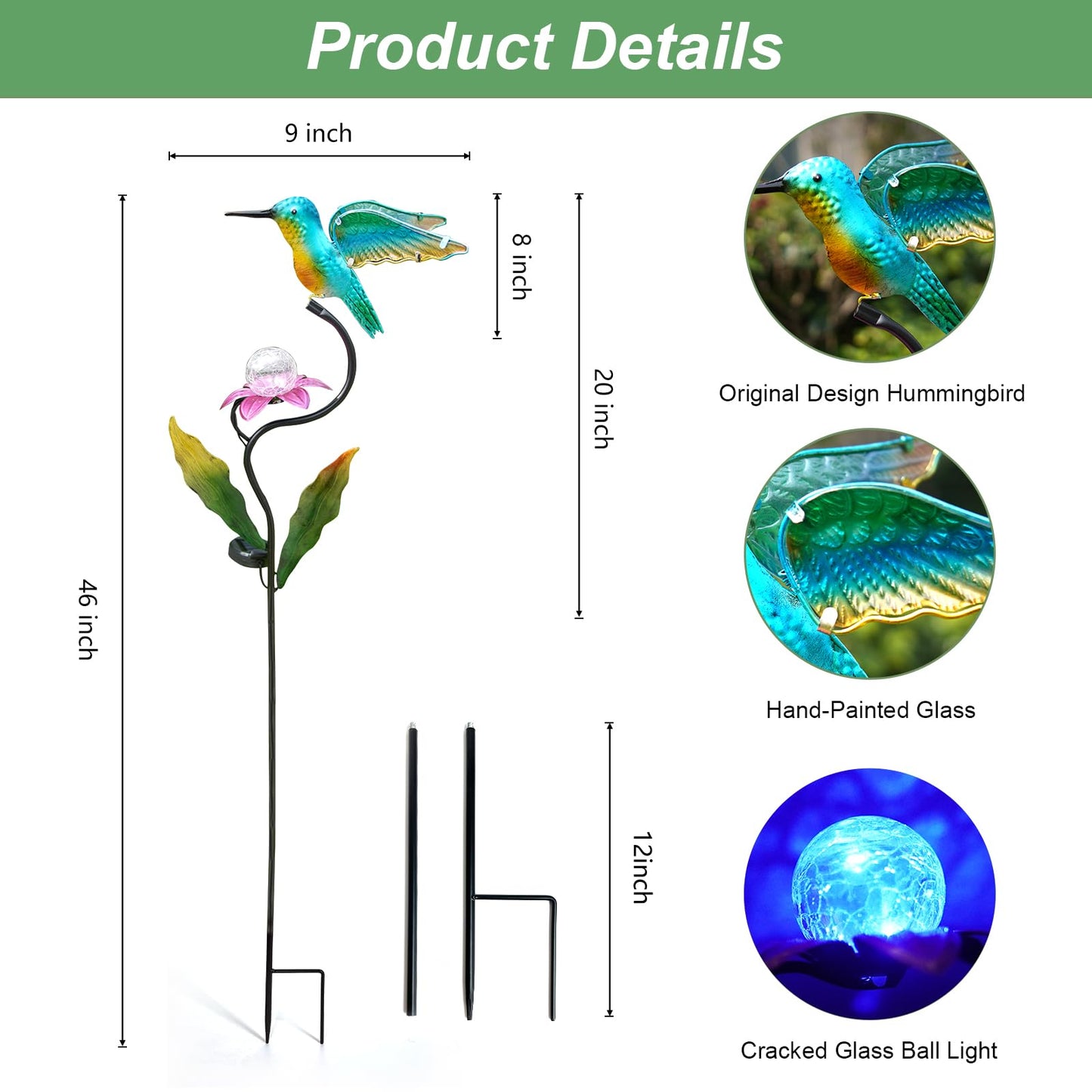 HONGLAND 46 Inch Solar Hummingbird Lights, Solar Garden Decor with Cracked Glass Ball, Hummingbird Decorative Garden Stakes Outdoor Waterproof for Lawn Patio Yard Porch, Gifts for Mom