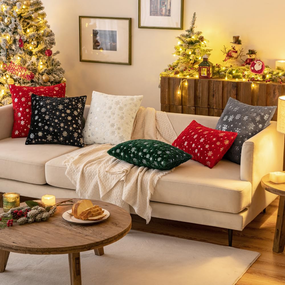 MIULEE Set of 2 Christmas Decorative Throw Pillow Covers Soft Faux Fur Winter Pillow Covers with Silver Snowflake Glitter Holiday Festival Pillowcases for Couch Sofa Bed, 18×18inch, Red