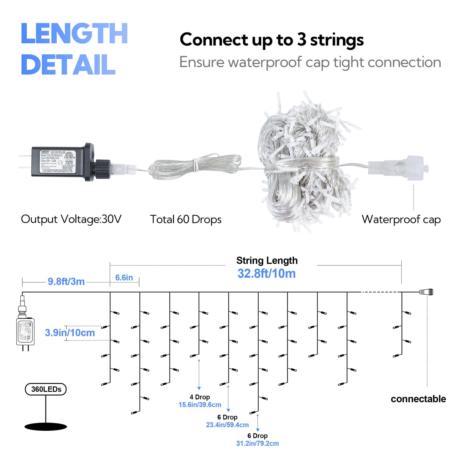 Hopolon 33FT 360L LED Christmas Icicle Lights Outdoor Waterproof,8 Modes Plug in Curtain String Lights with 60 Drops for Wedding,Party, Bedroom, Home, Garden, Wall Decorations(Blue White)