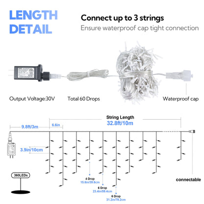 Hopolon 33FT 360L LED Christmas Icicle Lights Outdoor Waterproof,8 Modes Plug in Curtain String Lights with 60 Drops for Wedding,Party, Bedroom, Home, Garden, Wall Decorations(Blue White)