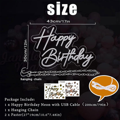 Happy Birthday Neon Sign for Wall Decor, Warm White LED Neon Light Signs, Art Decoration Happy Birthday Neon Light Sign for All Birthday Party Decoration with 2 Pcs Pasters (17×12 Inch)