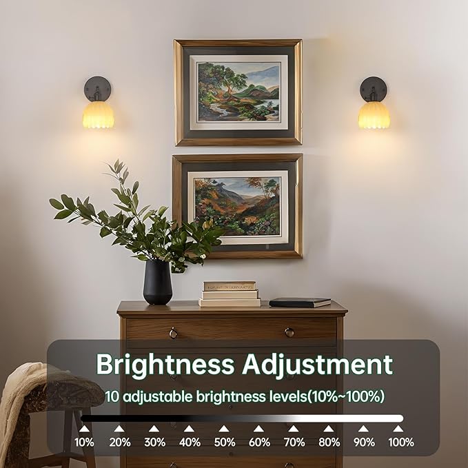 Vintage 5000 mAh Battery Operated Wall Sconce with Pastel Yellow Tulip Glass Lampshade Rechargeable Battery Powered Wall Light with Remote Control for Bedroom Doorway, Set of 2