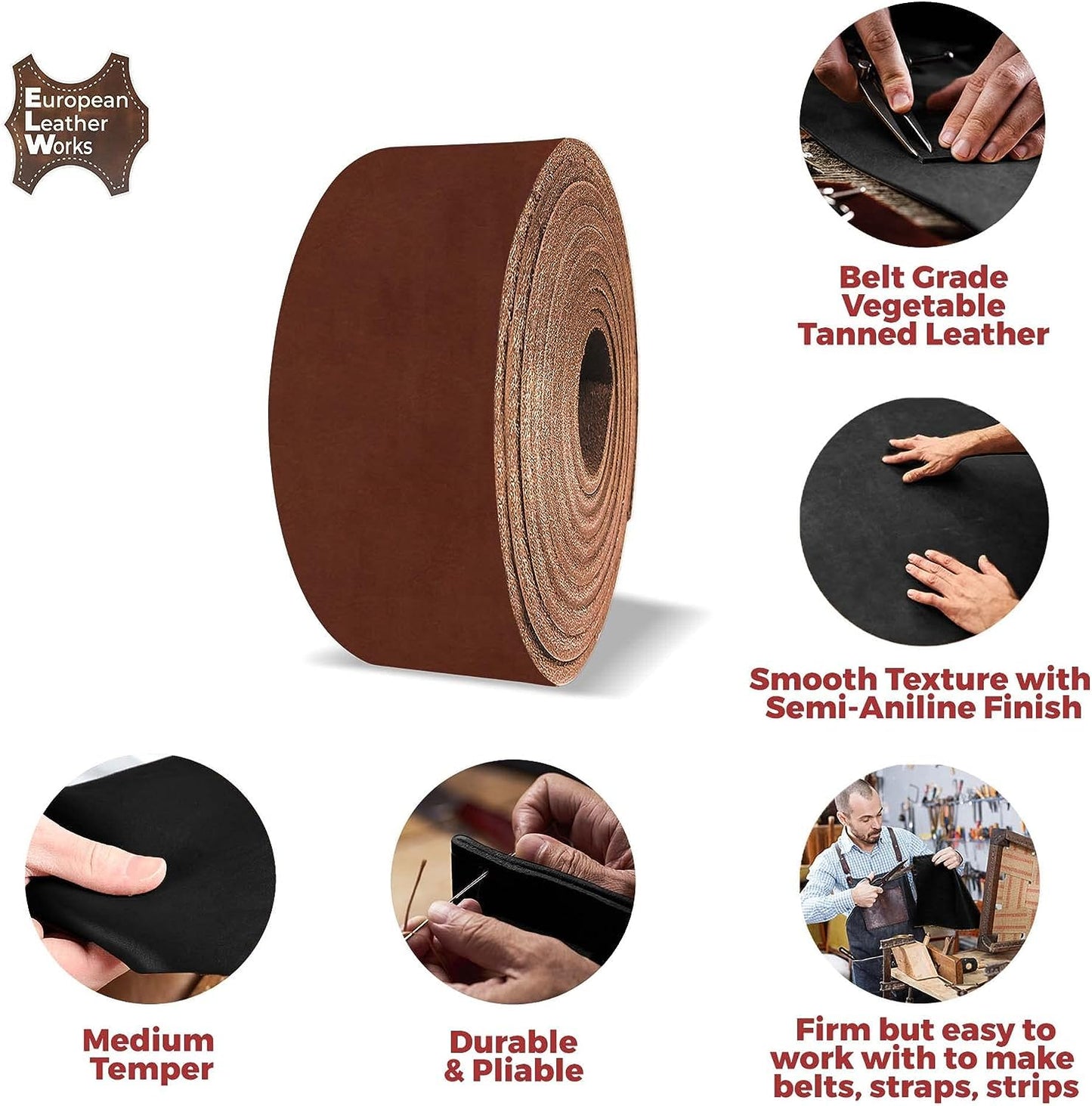 ELW Vegetable Tanned Leather 8-10 oz (3.2-4mm) Russet Straps, Belts, Strips Size: 2-1/4"x72" (5.7x182cm) Full Grain Veg Tan Tooling Leather Cowhide Heavy Craftsmen Grade AB for DIY, Tooling, Carving