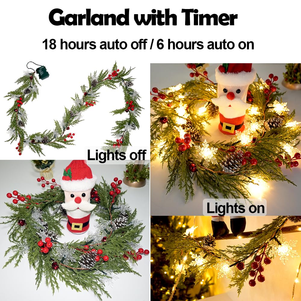 Christmas Garland Lights 6.56FT 20 Snow LED Pine Garland with Lights Battery Operated with Bells Red Berries Pinecones Cypress Greenery Garlands Decoration for Xmas Tree Mantle Door Stairs Home Decor