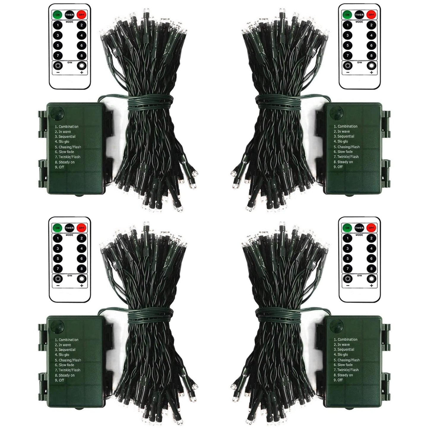 ZAIYW 4 Pack String Lights Battery Operated, Total 66Ft 200 LED Christmas Lights with Remote Timer 8 Modes Fairy String Lights Dark Green Wire for Garland Patio Garden Xmas Tree Decor (Cool White)