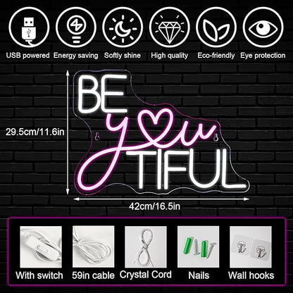 Horseneon Be You Tiful Neon Led Sign, Rectangular Pink Neon Light Sign, 16.5''*11.6'', Wall Mount, Modern Love Theme, USB Powered, Acrylic Material, Perfect for Room Decor, Salon, Party, Gift