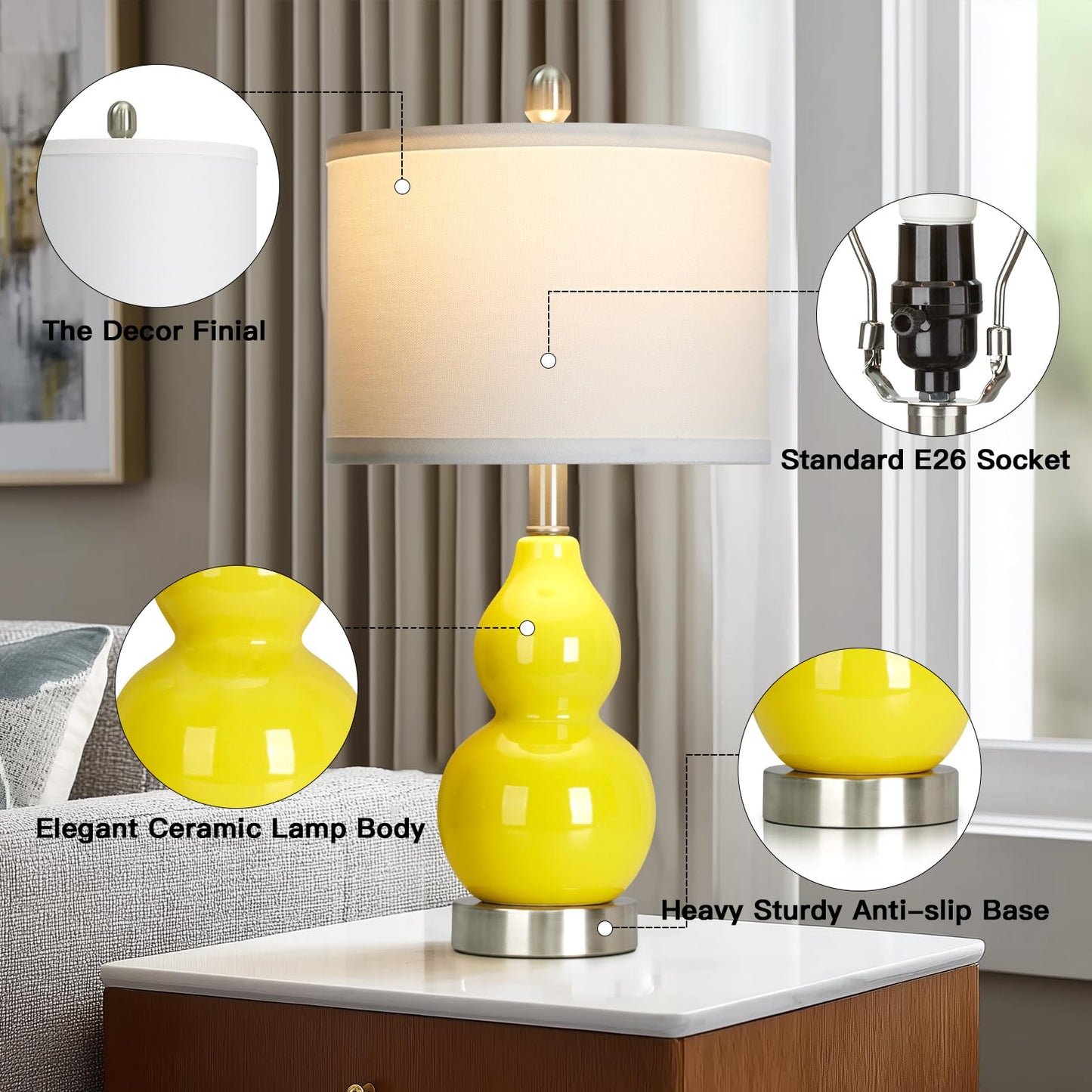 luxeflow Double Gourd Ceramic Table Lamps Set of 2, Yellow Modern Bedside Lamps for Living Room, Contemporary Nightstand Desk Lamps for Bedroom End Table Home Office Decor(2 LED Bulbs Included)