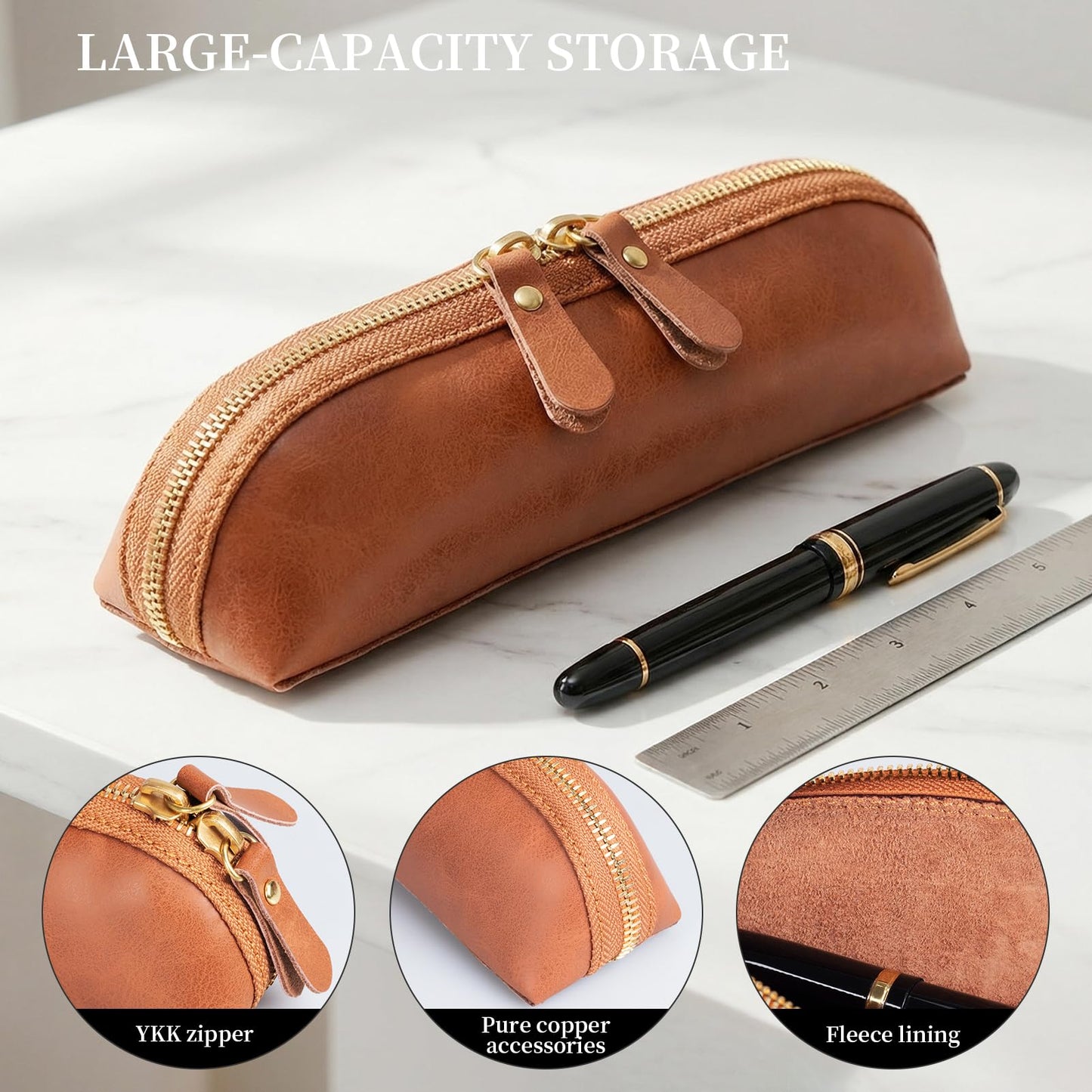 NANRUIL Pencil Case Cover Genuine Leather Pencil Pouch with Zipper Pen Sleeve Bag,Simple Sturdy Pencil Box for Men and Women.Brown