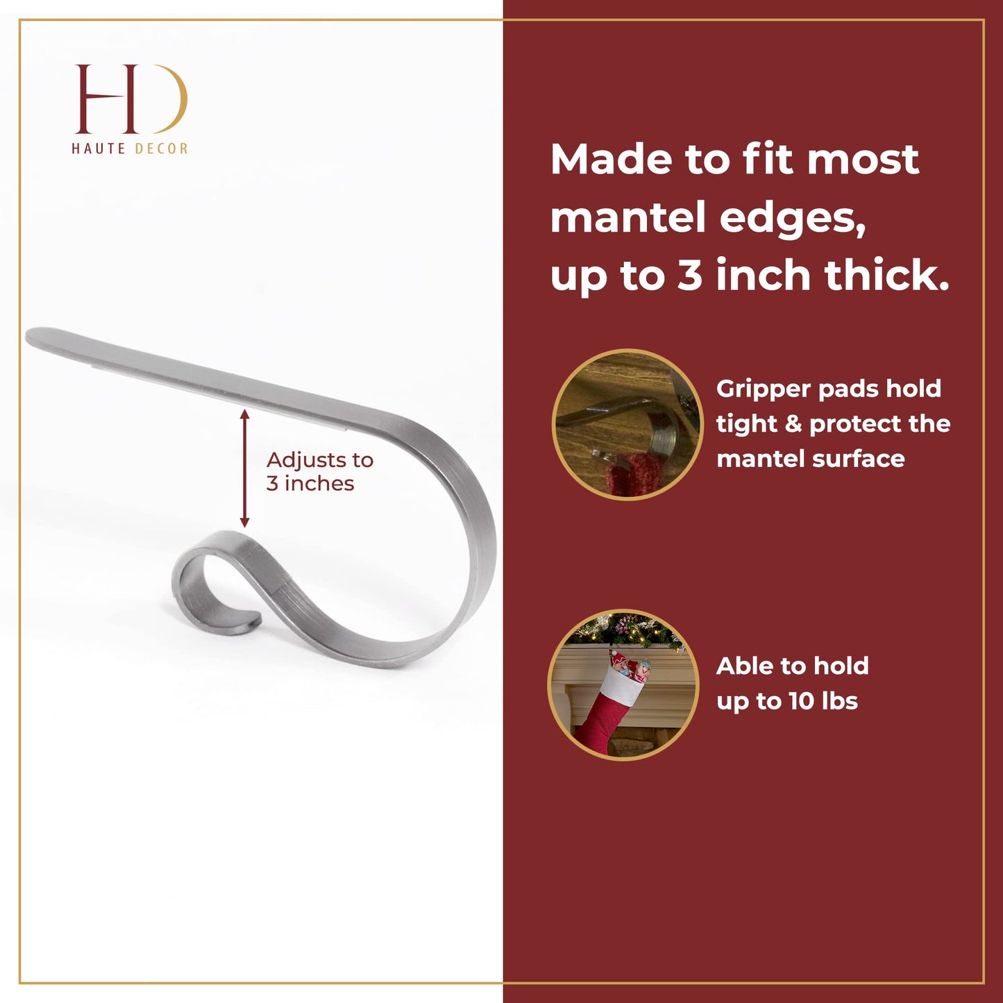 Haute Decor The Original MantleClip® Stocking Holder 4 Pack - Hang Christmas Stockings Safely and Securely from Mantels Up to 3 Inches Thick