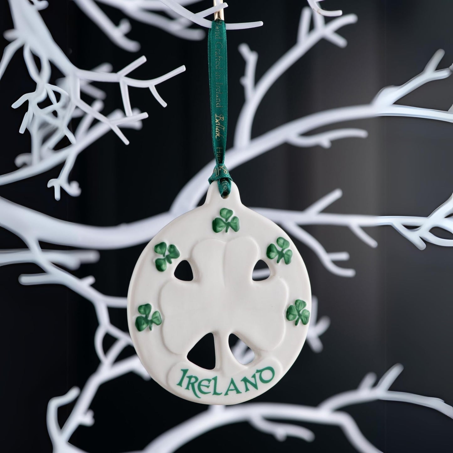 Belleek Classic Ireland Shamrock 3.8-Inch Hanging Ornament, Handcrafted Porcelain Christmas Tree Decor, White