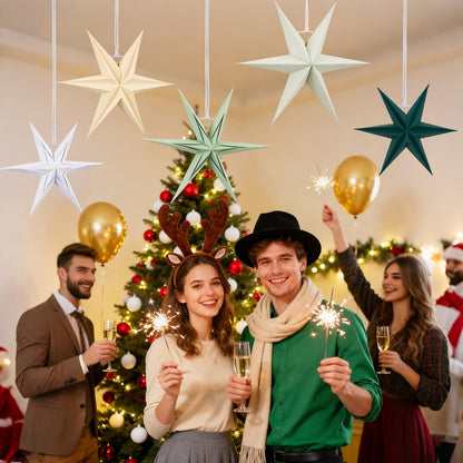 Paper Stars Christmas Party Decorations, 5PCS 6-Pointed Paper Star Hanging Decoration Set Holiday Decor Stars Shape Landerne for Birthday Party Tree Xmas Home Decor