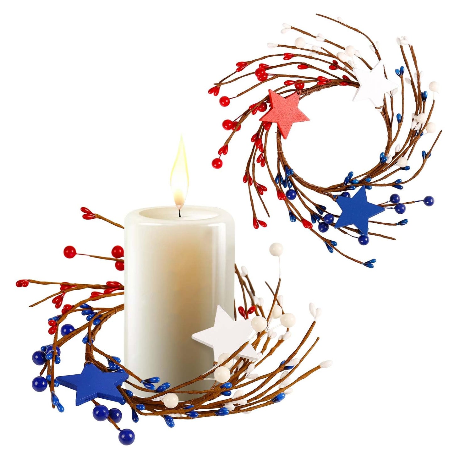 4th of July Candle Rings Set of 2-4 Inch Red White Blue Patriotic Star Candle Holders, Independence Day Table Decor Centerpiece with Stars, USA Flag Theme for Memorial Day Veterans Day