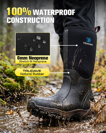 Rubber Boots for Men & Women with Steel Shank, Reliable 6mm Neoprene Waterproof Insulated Rain Boots, Warm Anti-slip High Traction Multi-season Dry Mud Boot for Outdoor Work Hunting, Size 5