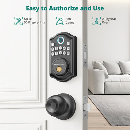 Keyless Entry Door Lock with Handle Set - Fingerprint Door Locks, Electronic Keypad Deadbolt, Smart Locks for Front Door, Auto-Lock & One Touch Locking, Easy Installation - Satin Nickel
