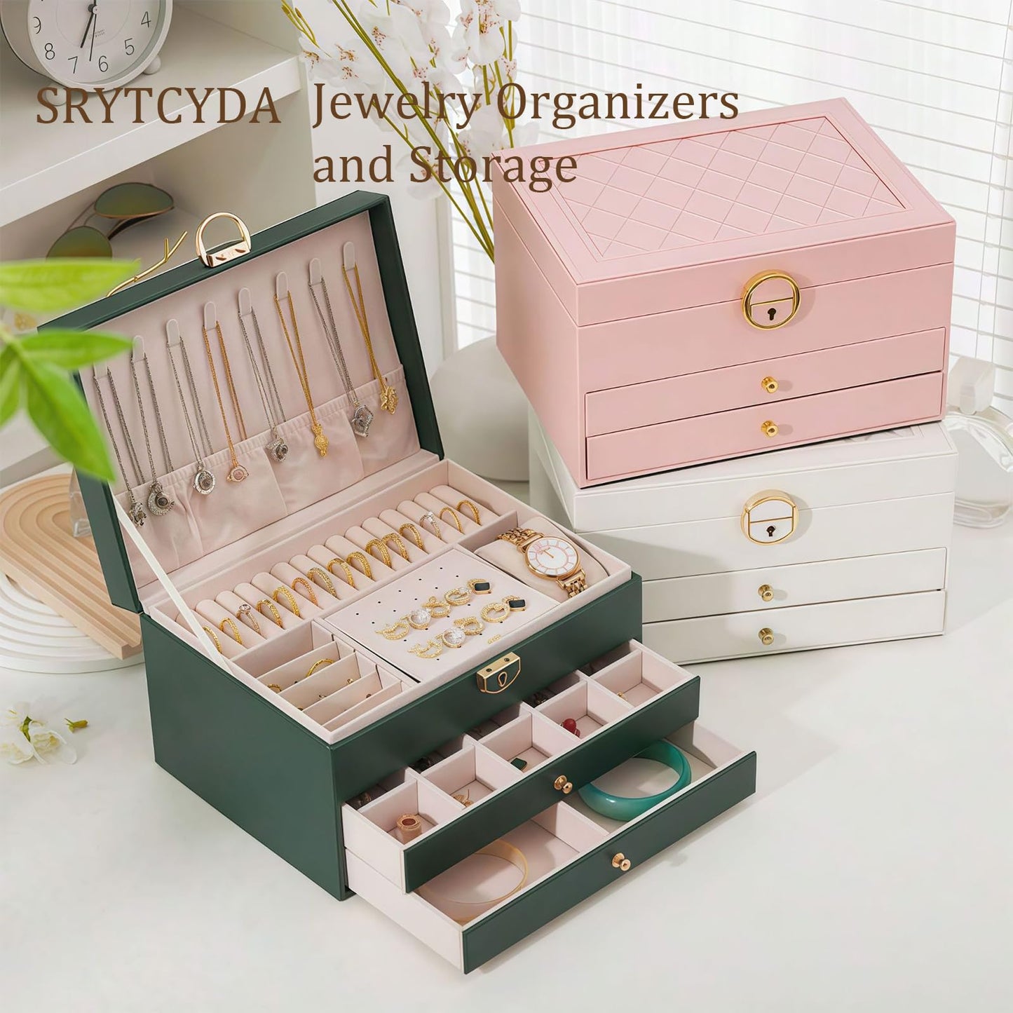 SRYTCYDA SRTCYDA Jewelry Box for Women, Large PU Leather Jewelry Organizers and Storage with Lock and Key, 3-Layer Dresser Top Jewelry Box for Holds Necklace, Earring, Ring, Bracelet, Watch (Green)