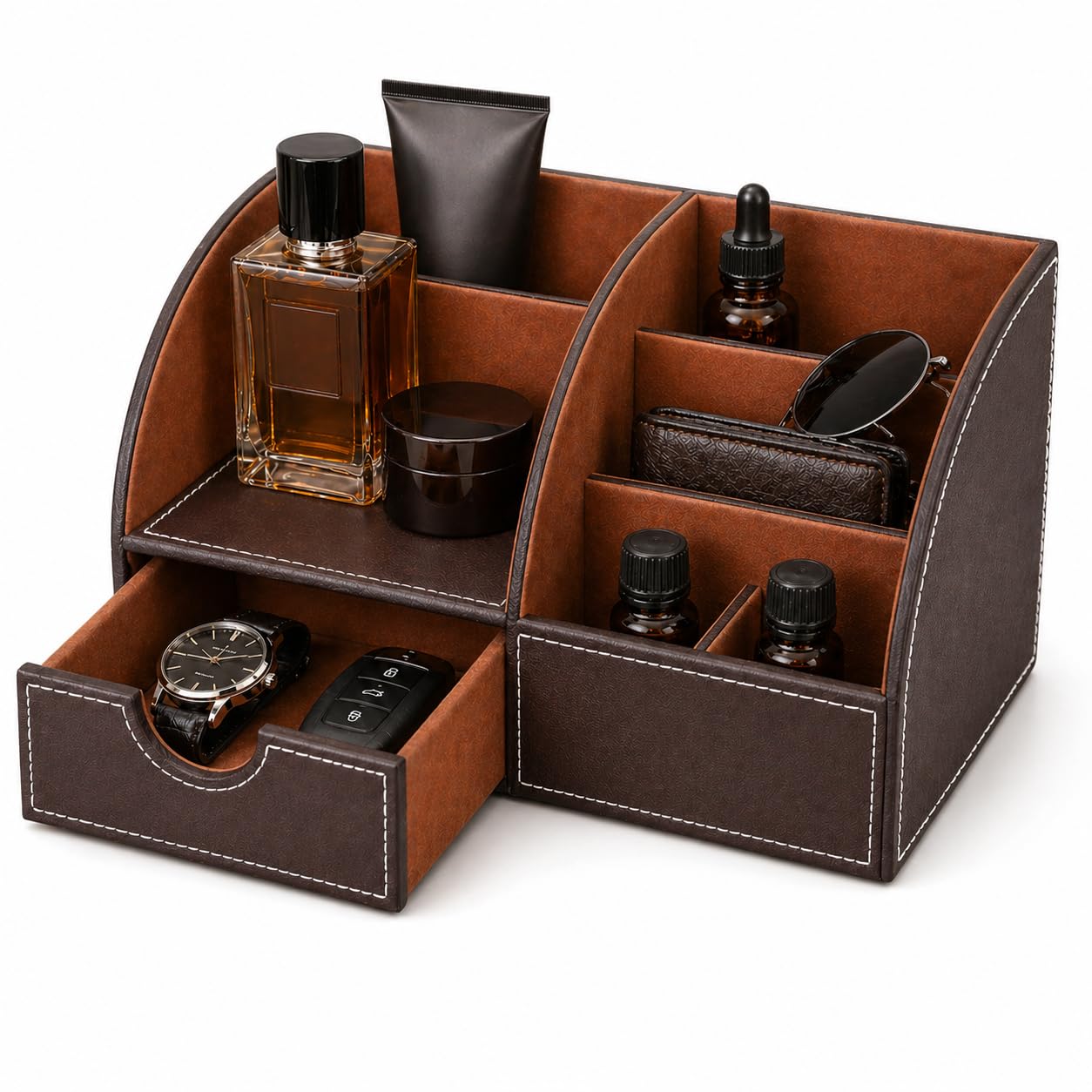 KINGFOM Cologne Organizer for Men, PU Leather Dresser Organizer with Drawer, Countertop Cologne Holder for Watch, Wallet, Keys, Sunglasses, Bathroom Bedroom Nightstand Organizer, Gifts for Men Brown
