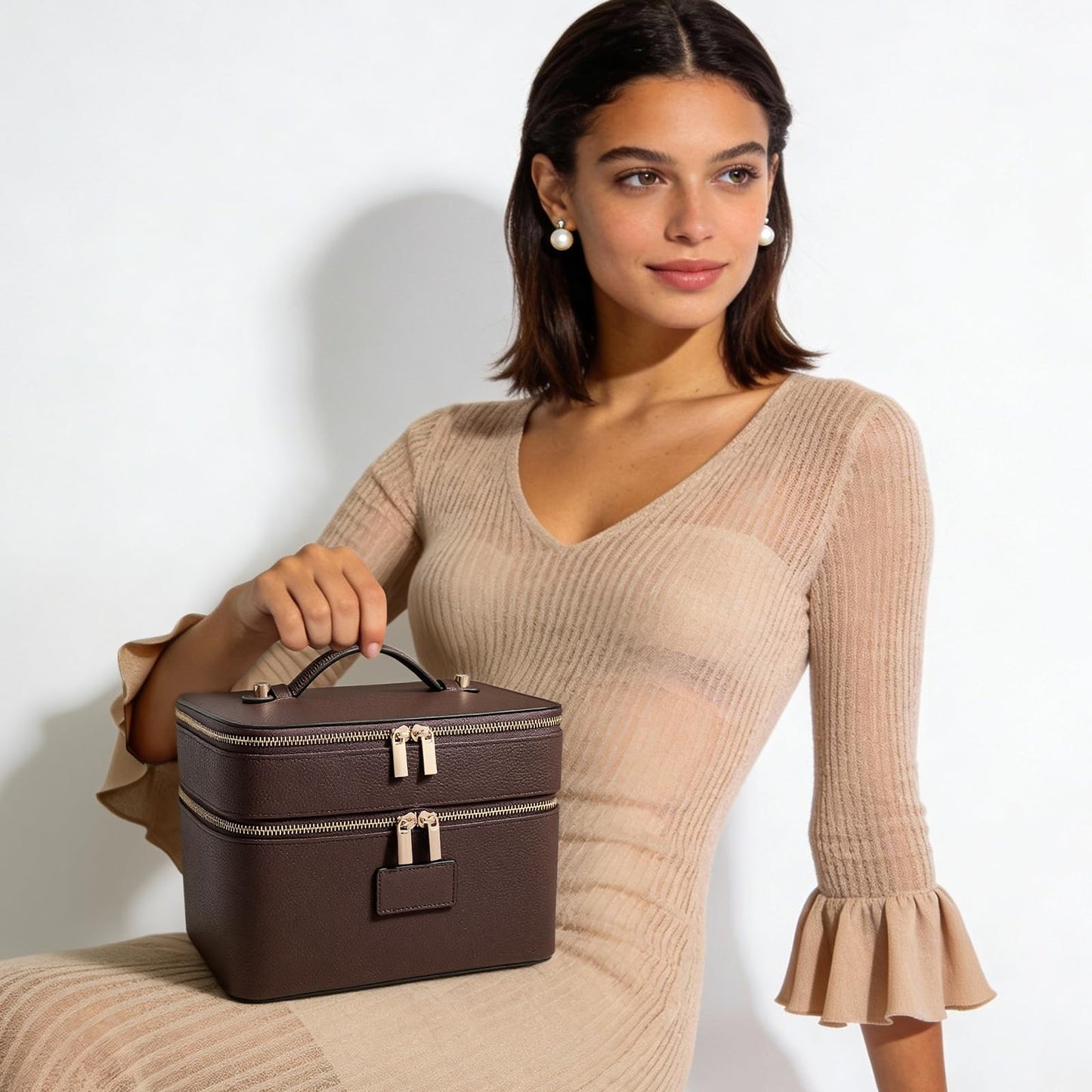 HiTotes Large Makeup Bag Duo Vanity Case for Women Leather Makeup Case Travel Toiletry Bag Portable Double Layer Cosmetic Bag