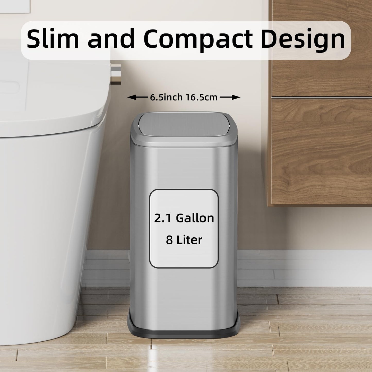 KHMMGK 8L/2.1 Gal Small Bathroom Trash Can with Lid, Swing-Top Rectangular Waste Bin, Stainless Steel Garbage Can for Home, Office, Toilet, Bedroom, Living Room (Silver)