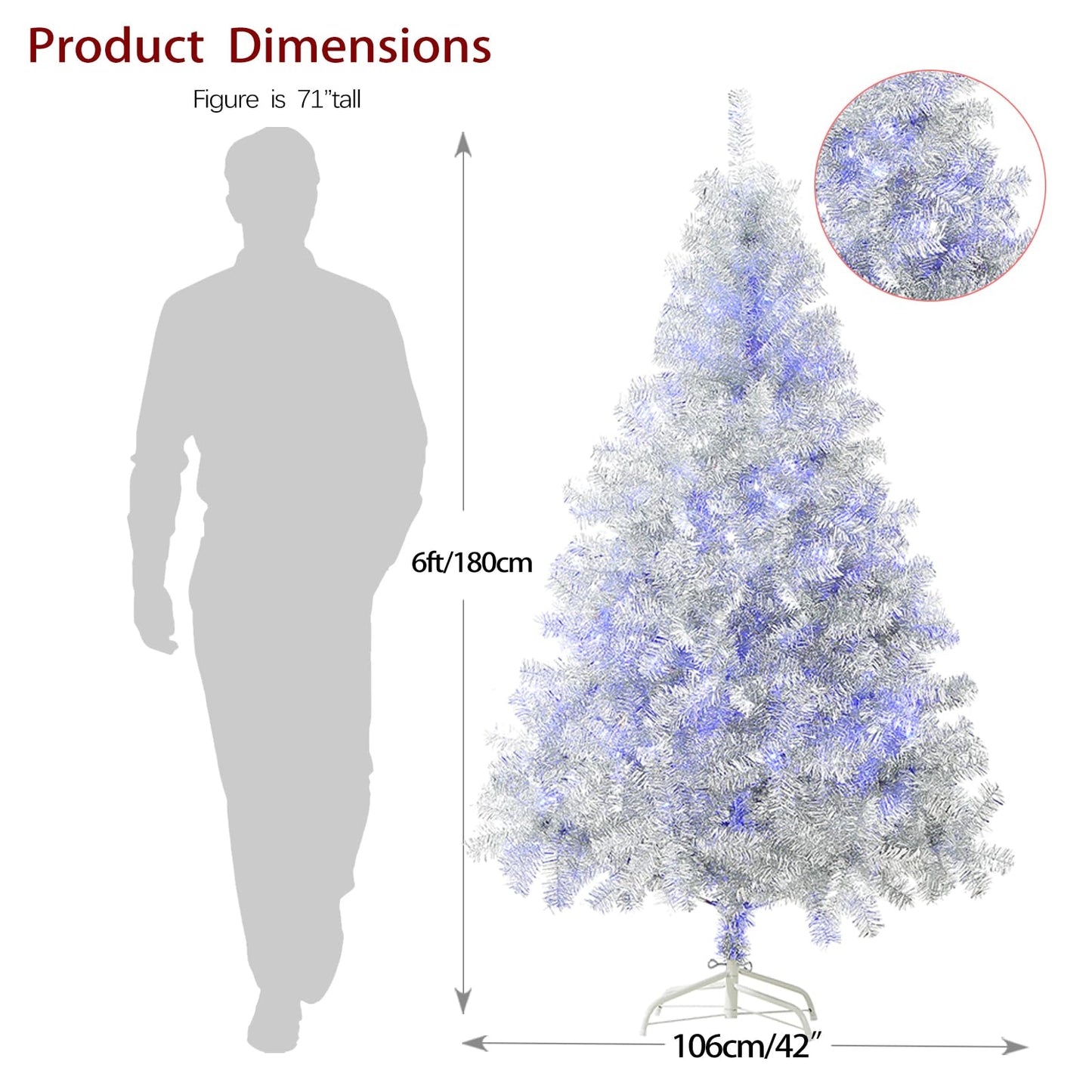 6Ft Artificial Christmas Tree with Metal Stand for Holiday Festival Parties Home Office Decor, 8 Modes 200 LED Blue Lights Included