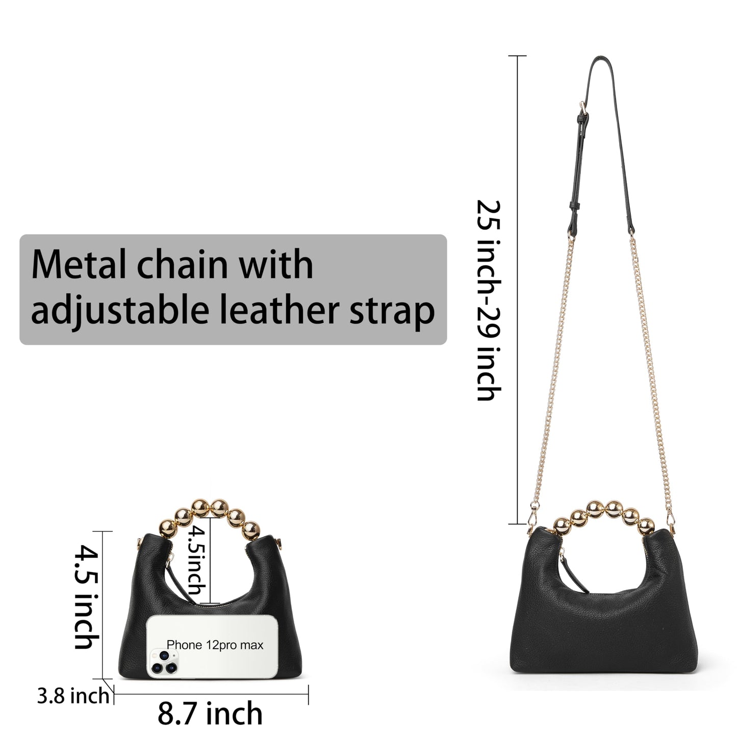 DORIS&JACKY Small Top Handle Clutch Purse for Women, Designer Leather Evening Crossbody Bag with Metal Ball Tote Handle And Leather Chain Strap (Black)