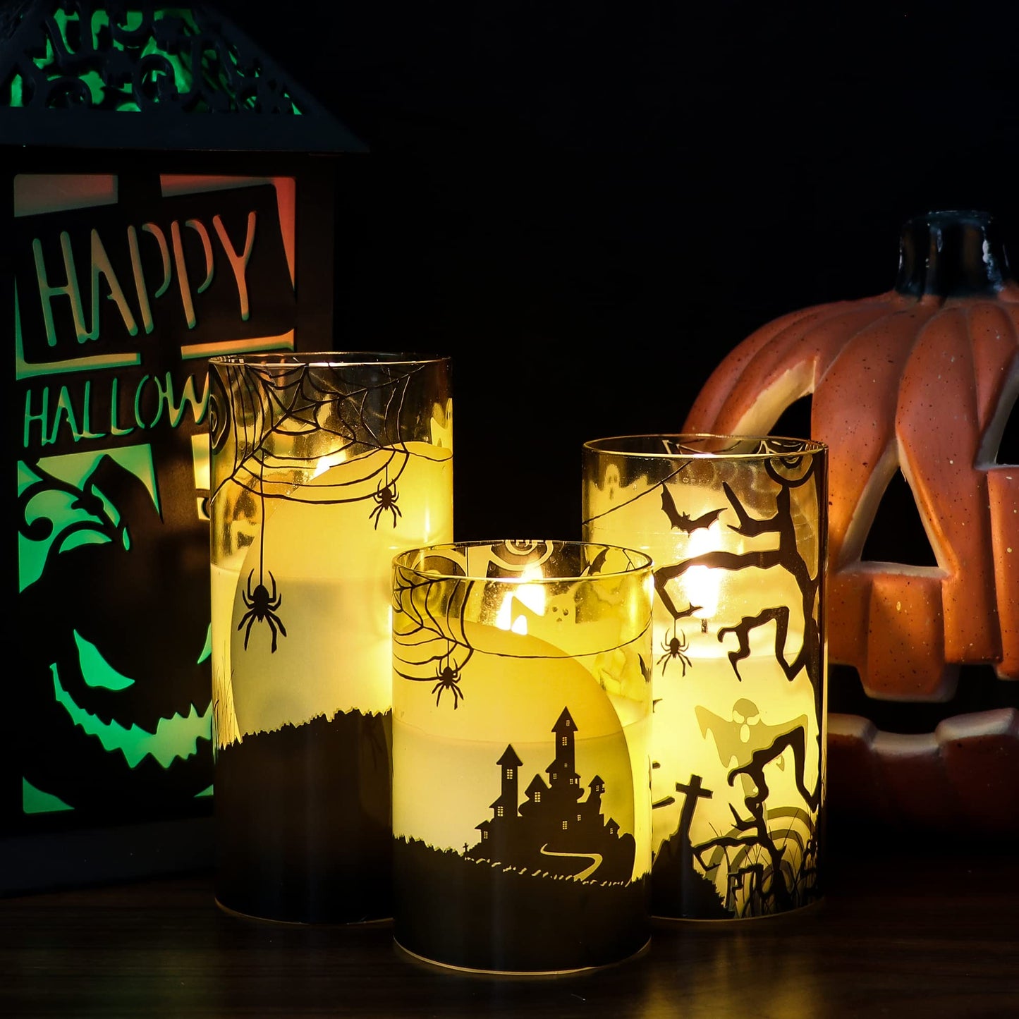 Eldnacele Halloween Flameless Candles with Remote Spider Web, Ghost, Castle Decals Battery Operated Real Wax Flickering Glass Pillar Candle for Spooky Holiday Decor 3 Pack