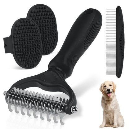 Double-Sided Pet Grooming Rake - 4-in-1 Professional Pet Grooming Kit Deshedding Dematting Tool for Dogs Cats Extra-Wide Grooming Brush & Deshedder Comb for Long & Short Haired Pets (Black Kit 4PCS)